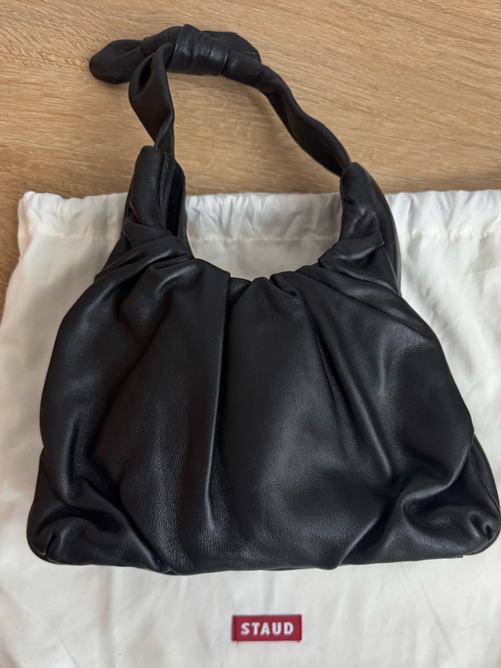 STAUD Black Gathered Soft Leather Shoulder Bag